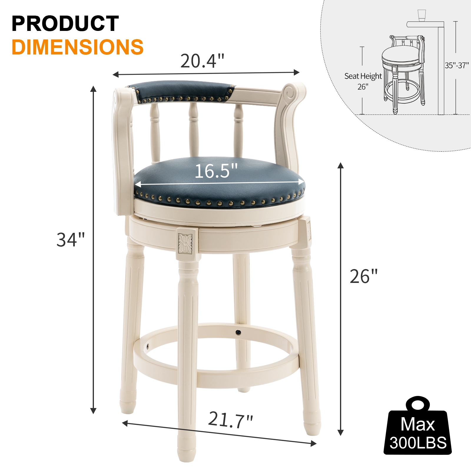 Bar Stools Seat Height 26'' Leather Wooden Bar Stools 360 Degrees Swivel Barstools Chair for Home Kitchen 1pc